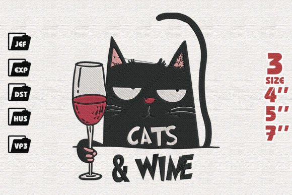 Cat Drinking Wine Embroidery
