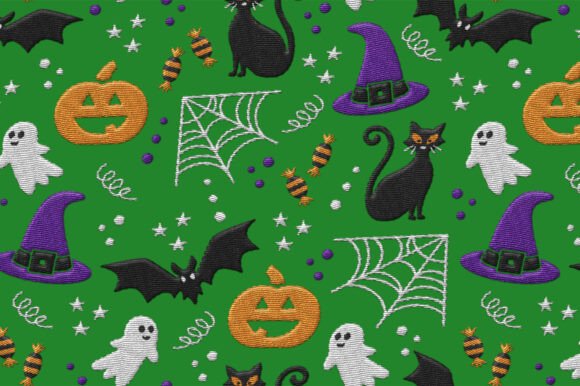 Halloween Party Embroidery Green Pattern