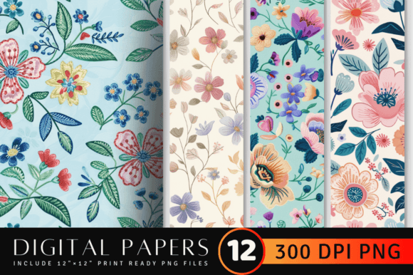 Pastel Embroidery Flowers Digital Paper