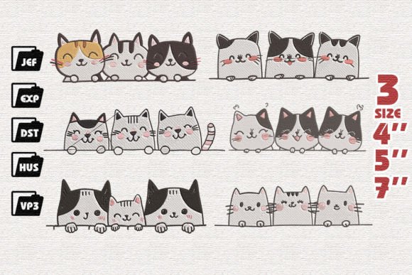 Set of 6 Three Cats Peeking Embroidery