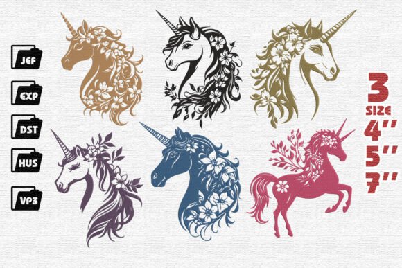 Set of 7 Elegant Unicorn Embroidery